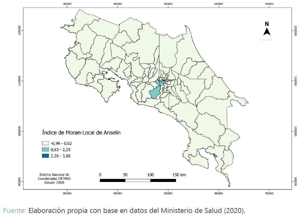Mapa de cantones seg�n �ndice de Moran-Local de Anselin, Costa Rica, 2011-2018