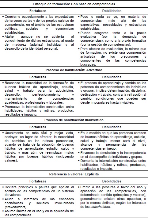 Fortalezas y debilidades de las competencias en relación con sus propiedades conceptuales
