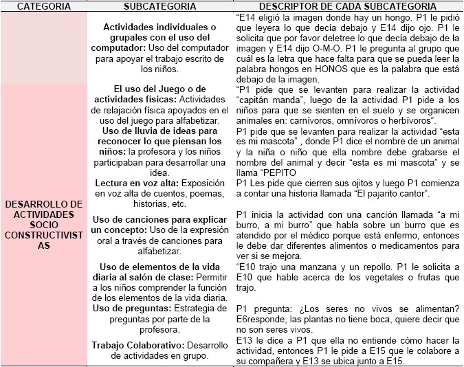 Matriz an&aacute;lisis categorial de los diarios de campo