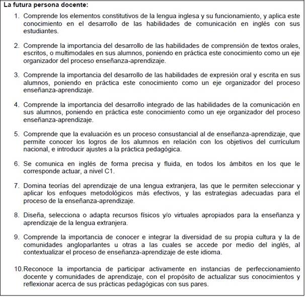 Estándares disciplinarios para carreras de Pedagogía en inglés, Chile, 2014