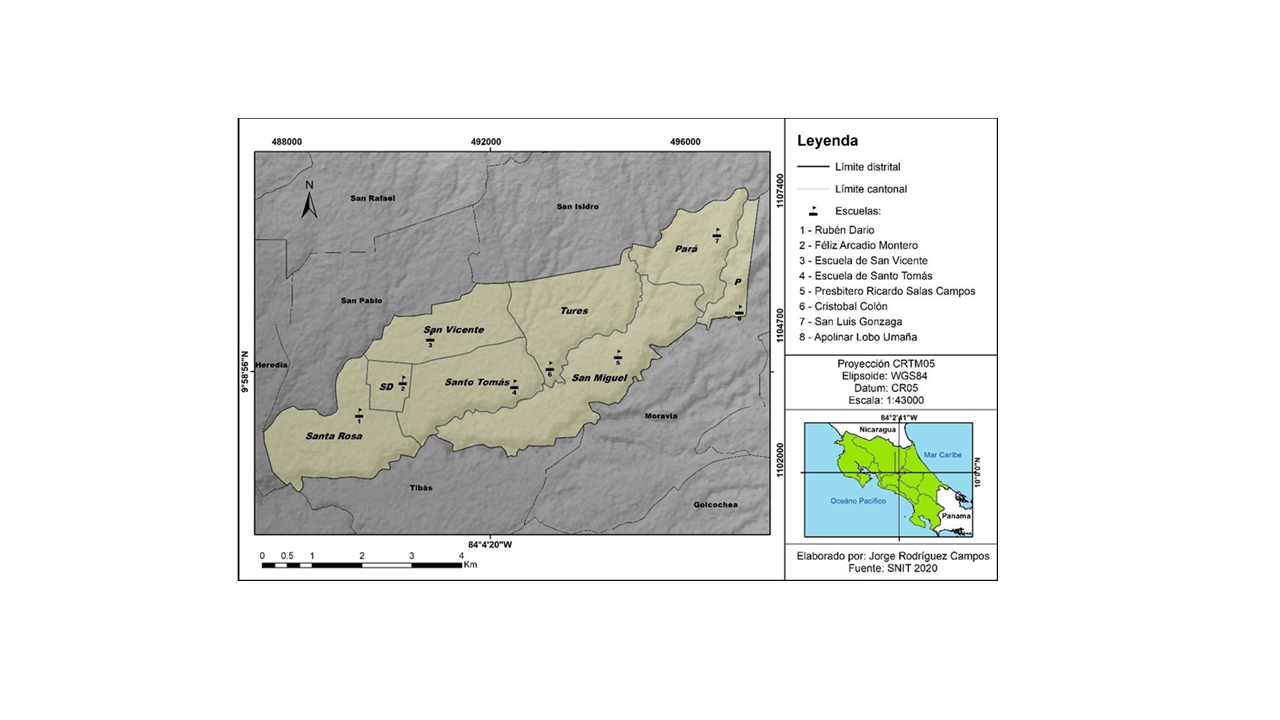 Ubicaci�n de las escuelas seleccionadas en cada distrito del cant�n Santo Domingo de Heredia, Costa Rica. Los centros educativos pertenecen al Ministerio de Educaci�n P�blica.