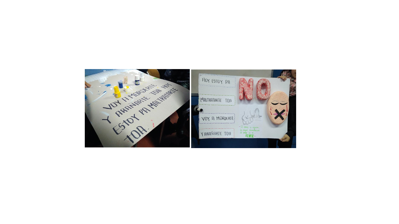 Propuestas de afiches sobre canciones de reggaet�n, elaborados por los-as estudiantes. Trabajo en proceso Santiago, Chile, 2018. 