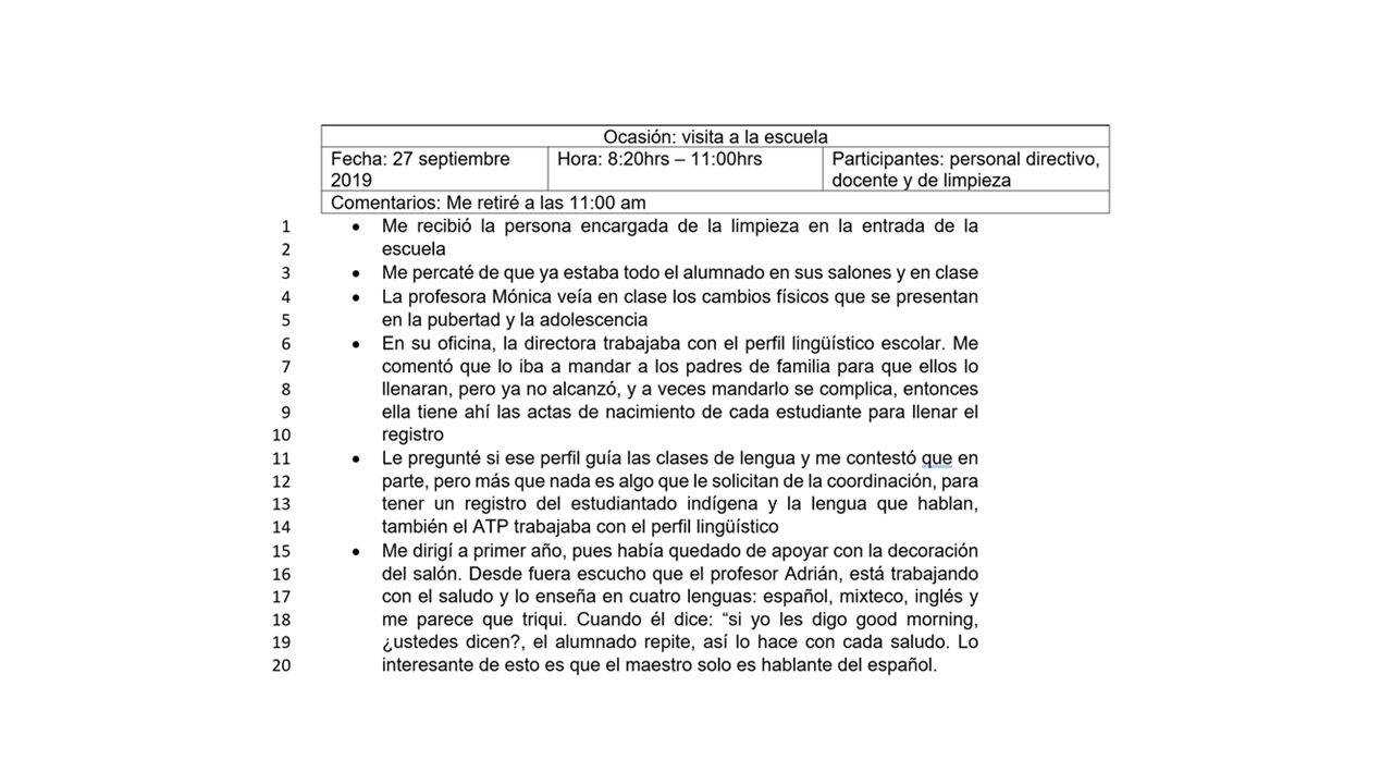 Ejemplo de la relator�a de observaci�n participante utilizada en la escuela ind�gena Kutua, Baja California, M�xico, 2019.