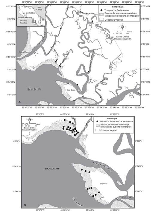 A-B: Sampling sites: (1A) sediment traps in the main channels of estuaries and (1B) extraction of sediment cores. Boca Zacate, T&eacute;rraba-Sierpe National Wetlands of Costa Rica. 2008-2013.