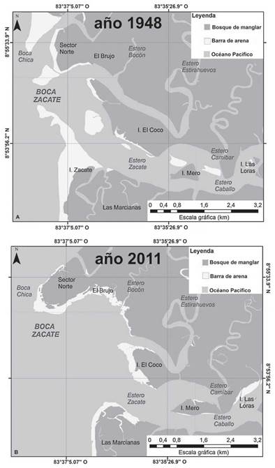A-B: Variations on the coastal morphology in Boca Zacate 1948 (1A) and 2011 (1B). National Estuarine Sector T&eacute;rraba Sierpe, Costa Rica.