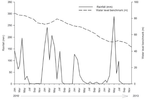 Rainfall data (mm) for the municipality of Apodi and the water level benchmark (m) for the Santa Cruz Reservoir in the Apodi/Mossor&ouml; River during the study period.