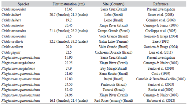 Comparative data for length at first maturity of Plagioscion squamosissimus  and Cichla monoculus  for the present investigation and from previous research