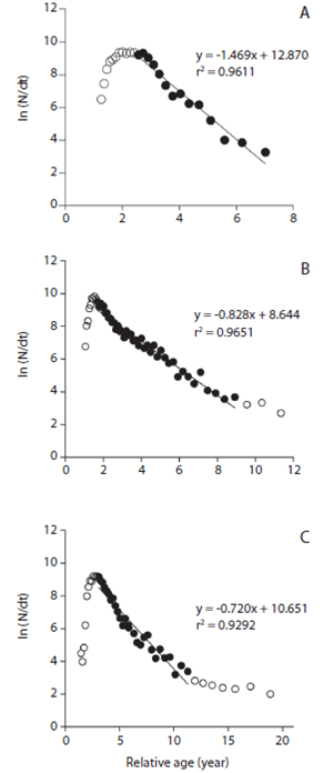 Length-converted catch curves for A) O. niloticus,  B) C. carpio  and C) C. gariepinus  in Lake Koka. Open circles (unused data points) represent individuals not fully recruited or juveniles (left side of the curves) & big adults not fully vulnerable by the fishing gear (right side of the curves) (see discussion).