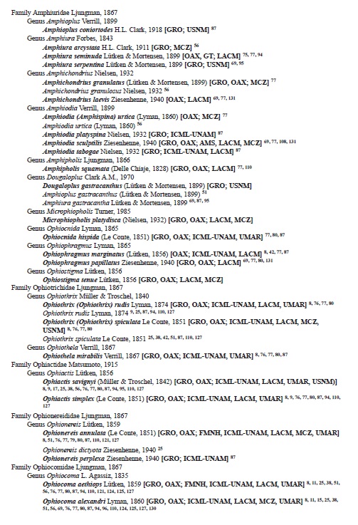 Checklist of valid names (in bold) and synonyms of the echinoderms from the Southern Mexican Pacific. Distribution in the Southern Mexican Pacific and museum records in brackets. Numbers following brackets refer to literature where the taxa were listed, see references section. For acronyms see material and methods section. All taxa are listed as originally reported in the literature