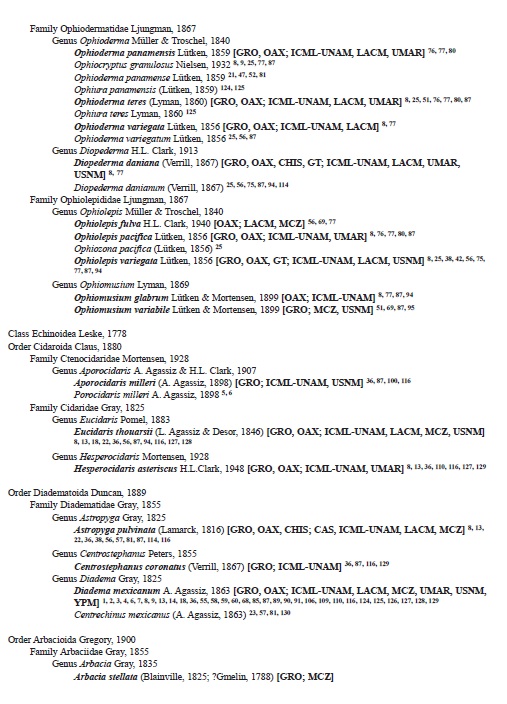 Checklist of valid names (in bold) and synonyms of the echinoderms from the Southern Mexican Pacific. Distribution in the Southern Mexican Pacific and museum records in brackets. Numbers following brackets refer to literature where the taxa were listed, see references section. For acronyms see material and methods section. All taxa are listed as originally reported in the literature