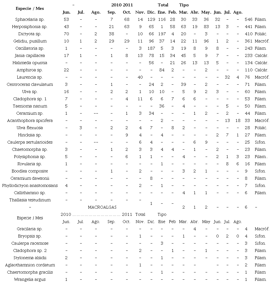 Frecuencia de ocurrencia mensual de macroalgas e invertebrados en el est&oacute;mago. Se indica el grupo morfo-funcional de las macroalgas