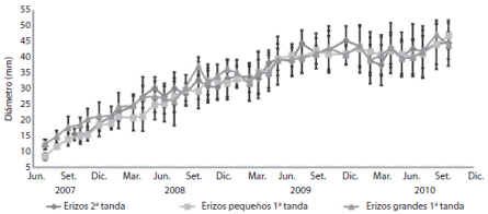 Evolution of the diameter of the three groups of juvenile urchins from hatchery and fed algae punt.
