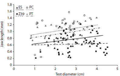 Relationship between jaw length (mm) and test diameter (cm) between the selected sites: El Sotano (ES), Zona 39 (Z39), Punta Tehuelche (PT) and Punta Cuevas (PC). White symbols correspond to the presence of Undaria pinnatifida; black symbols represent the sampled sites without U. pinnatifida. The lines indicate the estimated mean of generalized least square model.