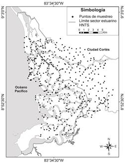 Distribution of sediments sampling points in the estuarine HNTS sector. Source: Geological campaign database (ICE & UCR, 2005).