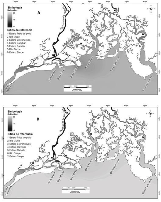 Salinity distribution model: A) surface (<50cm), B) maximum channel depth during high tide and low flows (December-April). Terraba Sierpe National Wetland Estuarine sector, ICE-PHED, period 2006-2012.