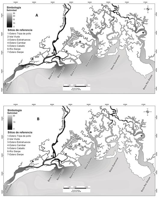 Salinity distribution model: A) surface (<50cm), B) maximum channel depth during low tide and low flows (December-April). Terraba Sierpe National Wetland Estuarine sector, ICE-PHED, period 2006-2012.