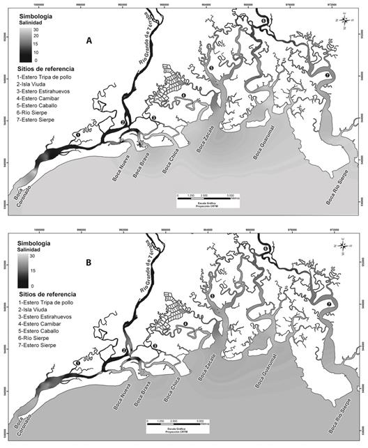 Salinity distribution model: A) surface (<50cm), B) maximum channel depth during high tide and transitional flows (may-august). Terraba Sierpe National Wetland Estuarine sector, ICE-PHED, period 2006-2012.