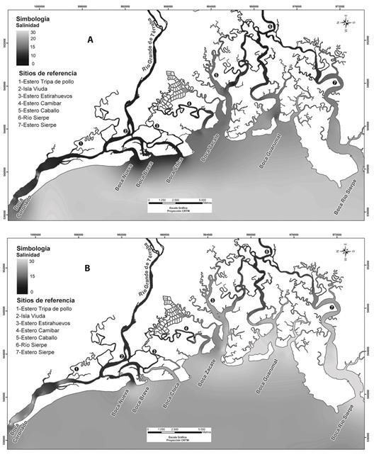 Salinity distribution model: A) surface (<50cm), B) maximum channel depth during low tide and transitional flows (May-August). Terraba Sierpe National Wetland Estuarine sector, ICE-PHED, period 2006-2012.