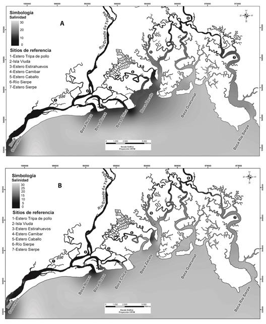 Salinity distribution model: A) surface (<50cm), B) maximum channel depth during high tide and high flows (September-November). Terraba Sierpe National Wetland Estuarine sector, ICE-PHED, period 2006-2012.