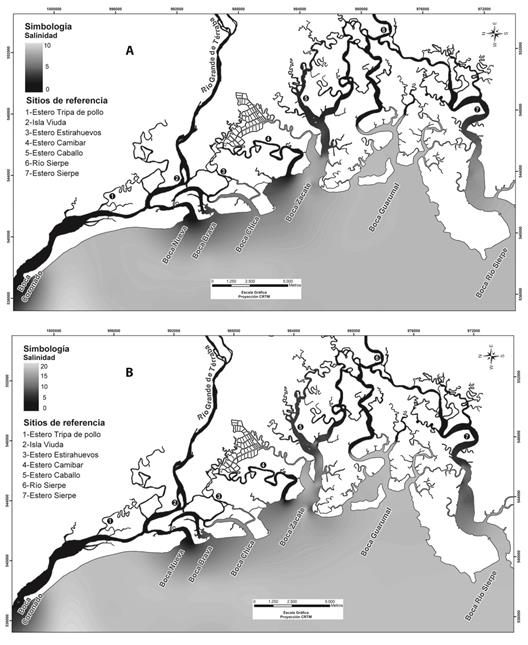Salinity distribution model: A) surface (<50cm), B) maximum channel depth during low tide and high flows (September-November). Terraba Sierpe National Wetland Estuarine sector, ICE-PHED, period 2006-2012.