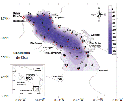 Study area location, bathymetry (blue contours) and sampling stations (red dots) in Golfo Dulce, Osa Conservation Area, South Pacific of Costa Rica. Red cross in Rincón Bay: CM station position (Tidal Cycle).