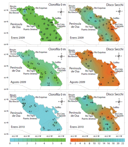 Chlorophyll-a (µMol/L) in surface (left column) and Secchi disk depth (m) (right column) during the survey in January 2009 (top), August 2009 (center) and January 2010 (bottom).