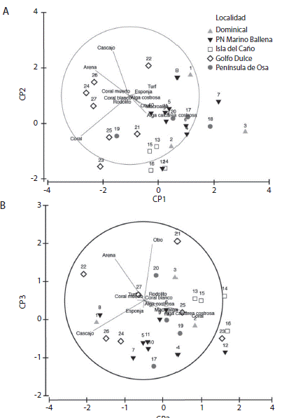 Principal component analysis based on substrate cover percentages values in the sampled sites using locality factor at Osa Conservation Area. Sites numbers on Table 1.