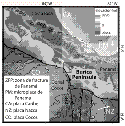 Localization of the Panam&aacute; Fracture Zone (ZPF) and others important tectonic structures. (After Morell et al., 2011).