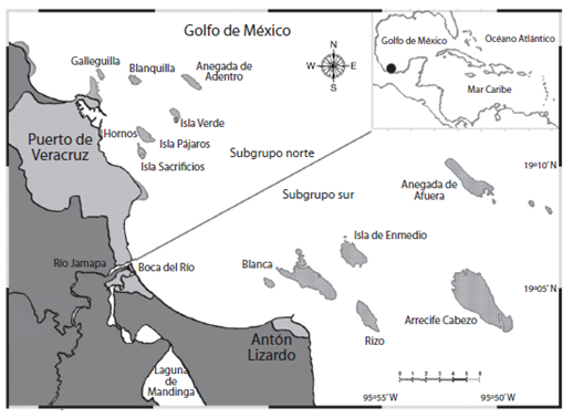 Área de estudio. Sitios de muestreo arrecife Isla Sacrificios (1) y Cabezo (2), subgrupos norte y sur y principales puntos de referencia.