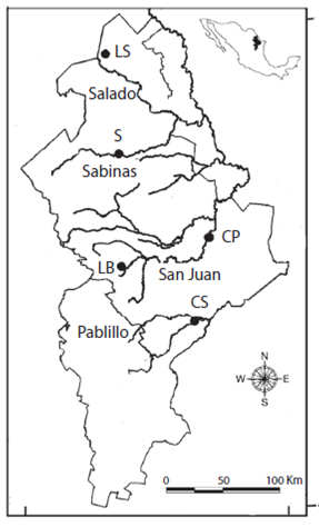Sitios de recolecta de Micropterus salmoides en el estado de Nuevo Le&oacute;n, M&eacute;xico. (LS) Salinillas, An&aacute;huac; (S) Sombreretillo, Sabinas, Hidalgo; (LB) Presa La Boca, Santiago; (CS) Presa Cuchillo-Solidaridad, China y (CP) Presa Cerro Prieto, Linares.