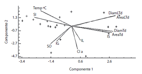 Proyecci&oacute;n ortogonal de la relaci&oacute;n del an&aacute;lisis histoqu&iacute;mico de los t&uacute;bulos digestivos con los factores ambientales de la zona de cultivo y el &iacute;ndice de surgencia. Diam y Area Td: Di&aacute;metro y &aacute;rea del aden&oacute;mero; Diam y Area L Td: Di&aacute;metro y &aacute;rea del lumen del aden&oacute;mero; IS: &iacute;ndice de surgencia; IG: &iacute;ndice de gl&uacute;cido; IL: &iacute;ndice de l&iacute;pido; Cl a: clorofila a: SI y SO: Seston inorg&aacute;nico y seston org&aacute;nico; Temp: Temperatura.