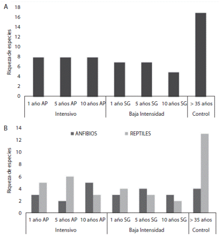 Total species richness (A) and group (B) of herpetofauna at each sampling site.