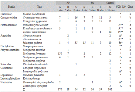 Abundancia de anfibios y reptiles registrados bajo la aplicación del tratamiento intensivo (AP), de baja intensidad (SG) y control