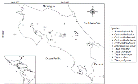 Scorpion collecting sites in Costa Rica during field trips conducted by the Clodomiro Picado Institute.