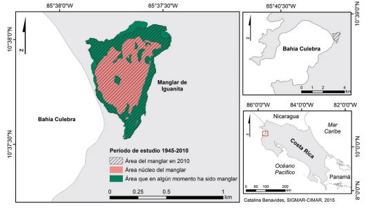 Spatial and temporal variation of the mangrove forest area of Iguanita, Bah&iacute;a Culebra, Guanacaste, during a 65-year period (1945-2010).