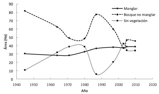 Change in the vegetation cover at Iguanita between 1945 and 2010.