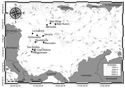 Sampling sites of P. argus in the archipelago San Andrés, Providencia y Santa Catalina.