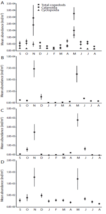 Mean abundance of the dominant groups of holoplankton (a) copepods, (b) appendicularians, (c) cladocerans and (d) chaetognaths at Cahuita NP, Lim&oacute;n; from September 2010 to August 2011. Error bars represent the se.