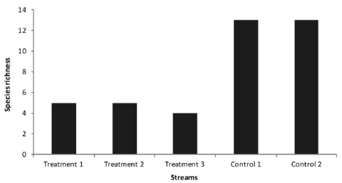 Fish species richness (mean &plusmn;SD) in streams at the unprotected boundary of Sinharaja forest (Treatment 1, 2 & 3 - subjected to fish poisoning using T. candida; Control 1 & 2 - did not subject to fish poisoning).