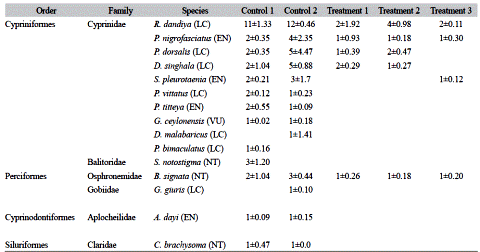 Fish abundance (mean &plusmn; sd/m2; conservation status in parenthesis) in NTF and TF streams at the boundary of Sinharaja forest, Sri Lanka