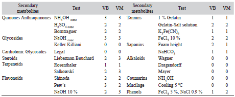 Phytochemical screening of methanol extracts from V. baccifera and V. macrophylla