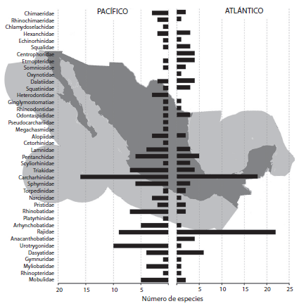 Composition of number of species by family of Mexican chondrichthyans within each littoral.