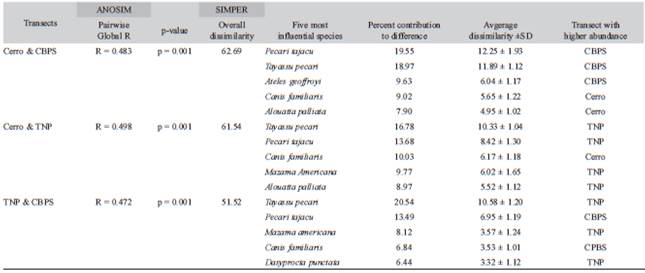 Output of the analysis of similarity (ANOSIM) and similarity percentages (SIMPER) across the three transects and similarity percentages highlighting the most influential five species per transect comparison