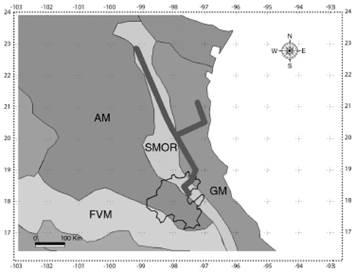 Generalized track obtained with PAE, located in the biogeographical provinces of Sierra Madre Oriental and northern Mexican Gulf. Hidalgo State is delineated in black. Provinces abbreviations corresponds to figure 1.