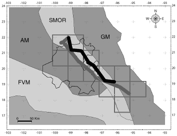 Endemicity areas recovered (grid cells) and both generalized tracks obtained with the EA, mainly located in the southern region of the Sierra Madre Oriental province, showing the same distribution pattern. Hidalgo State is delineated in black. Provinces abbreviations corresponds to figure 1.