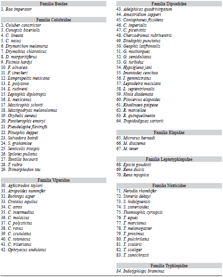 Especies de serpientes distribuidas en Hidalgo