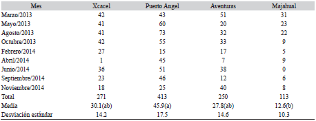 Estad&iacute;stica descriptiva de la abundancia de Ocypode quadrata en las cuatro playas estudiadas en la costa del Caribe mexicano