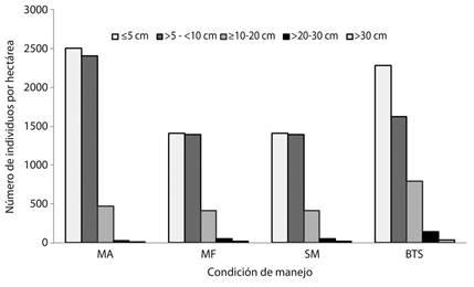 Distribution of individuals per diameter classes in four forest conditions.