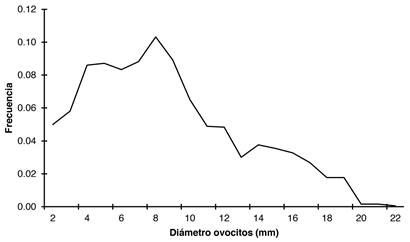 Oocyte diameter frequency of Tylosurus pacificus in Utr&iacute;a Park (n=700).