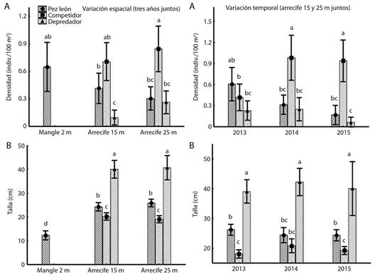 Spatial (on the left) and temporal (on the right) variation of average density (A) and average size (B) of lionfish in relation to potential competitors (C. fulva, C. cruentata, E. adscensionis and E. guttatus) and predators (M. bonaci, M. tigris and E. striatus) incidence in of the NPCSF. Plot of Mean and Conf. Intervals (95 %) and letters on the top of the bar indicate statistically homogenous groups.
